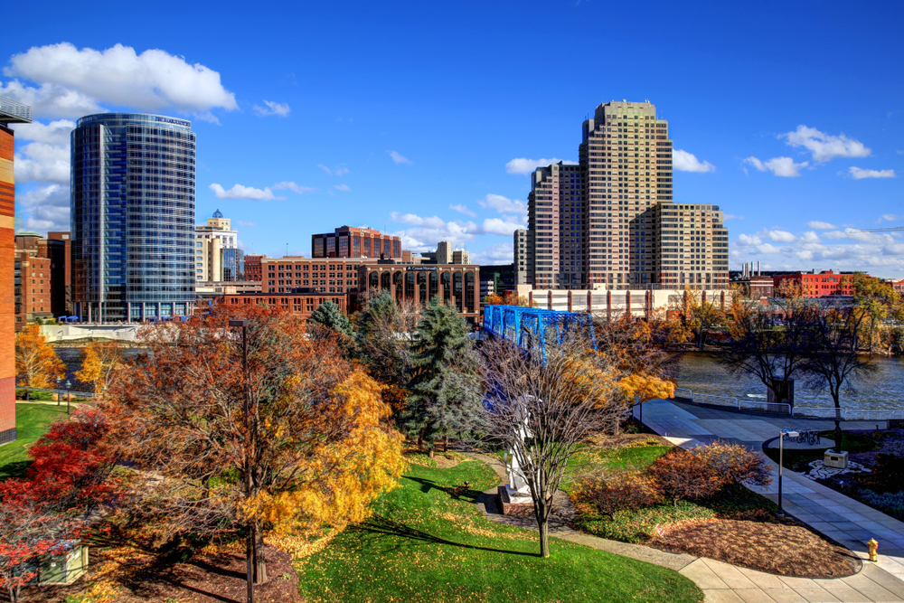 The Grand Rapids Michigan skyline on a sunny fall day. 