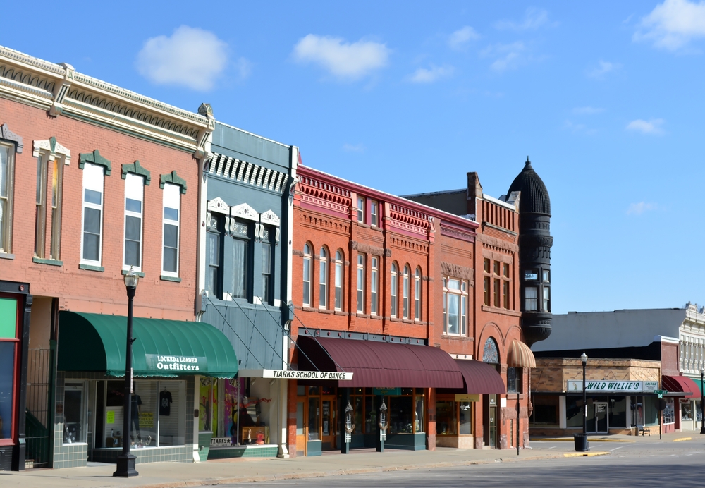 Colorful storefronts on a road towns in iowa