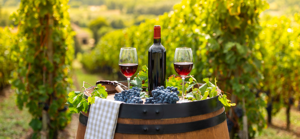 A bottle of red wine, two glasses, and grapes sitting on a barrel. In the background you can see a vineyard