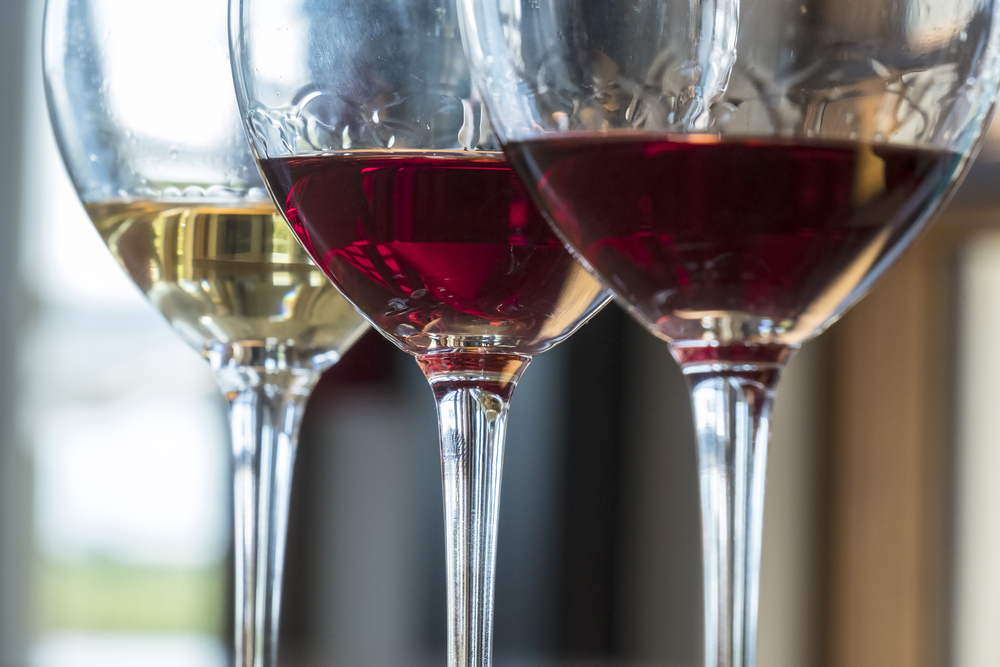 Tasting a Flight of Three Wines in a Winery. Three glasses two with red and one with white wine. 