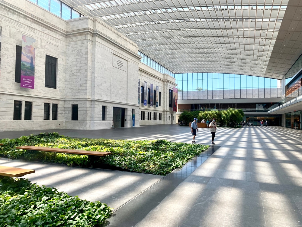 Inside the Cleveland Museum of Art with greenery and light coming down through skylights.