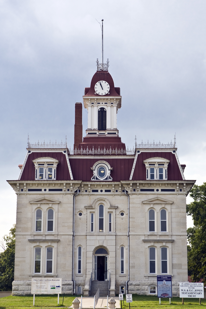 Beautiful, white stone courthouse in Cottonwood Falls.