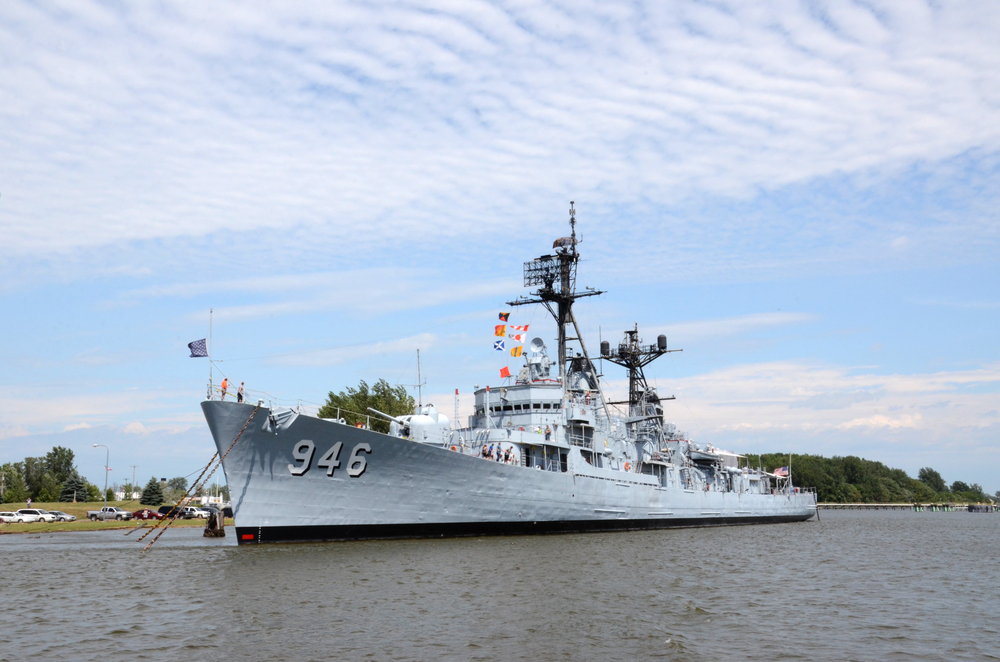 The USS Edison ship docked in the river of Bay City, MI.