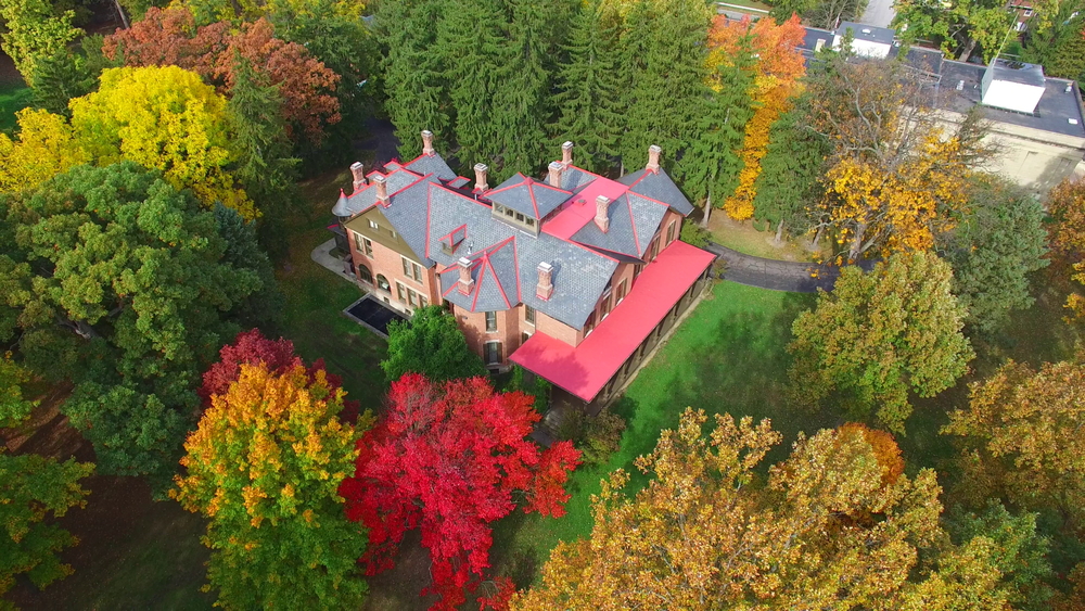 Aerial view of Spiegel Grove estate with fall foliage, showing off the beauty of one of the best museums in Ohio.