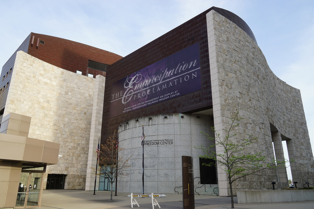 Exterior of the grey and black National Underground Railroad Freedom Center, one of the best museums in Ohio.
