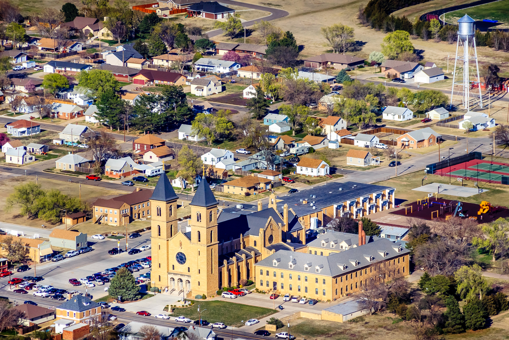 Aerial view of Victoria featuring the Cathedral of the Plains.