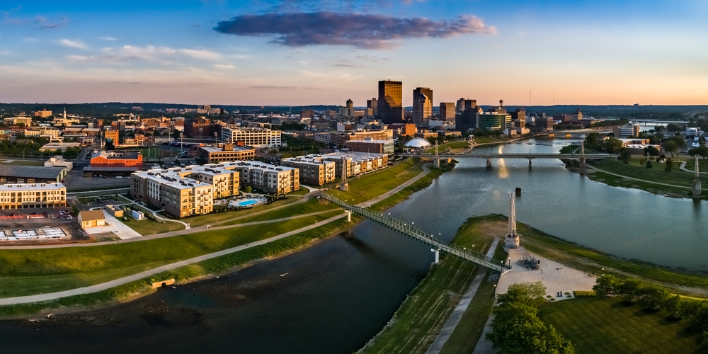 An aerial view of Dayton Ohio as the sun is setting. 