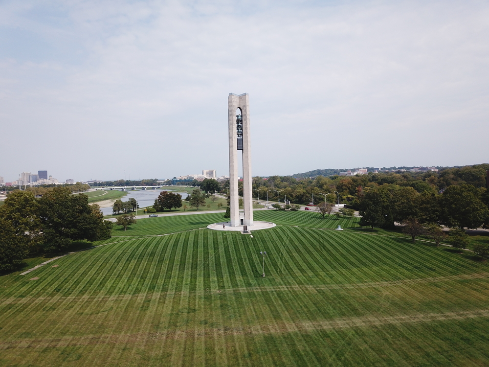 An aerial view of the large lawn and sculpture at the Carillon Historical Park, one of the best things to do in Dayton. 