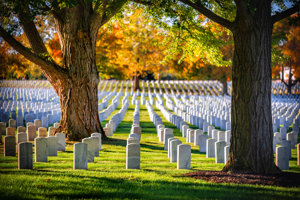 Rows of white marble headstones in the Dayton National Cemetery, with trees scattered through the cemetery. 