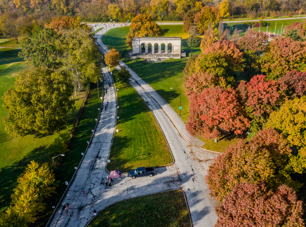 Thomas Taggart Memorial at Riverside Park. The tress surrounding are full of autumn color. It's a great place to see fall in Indiana