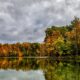 fall colors with cloudy sky in background and flat water in foreground