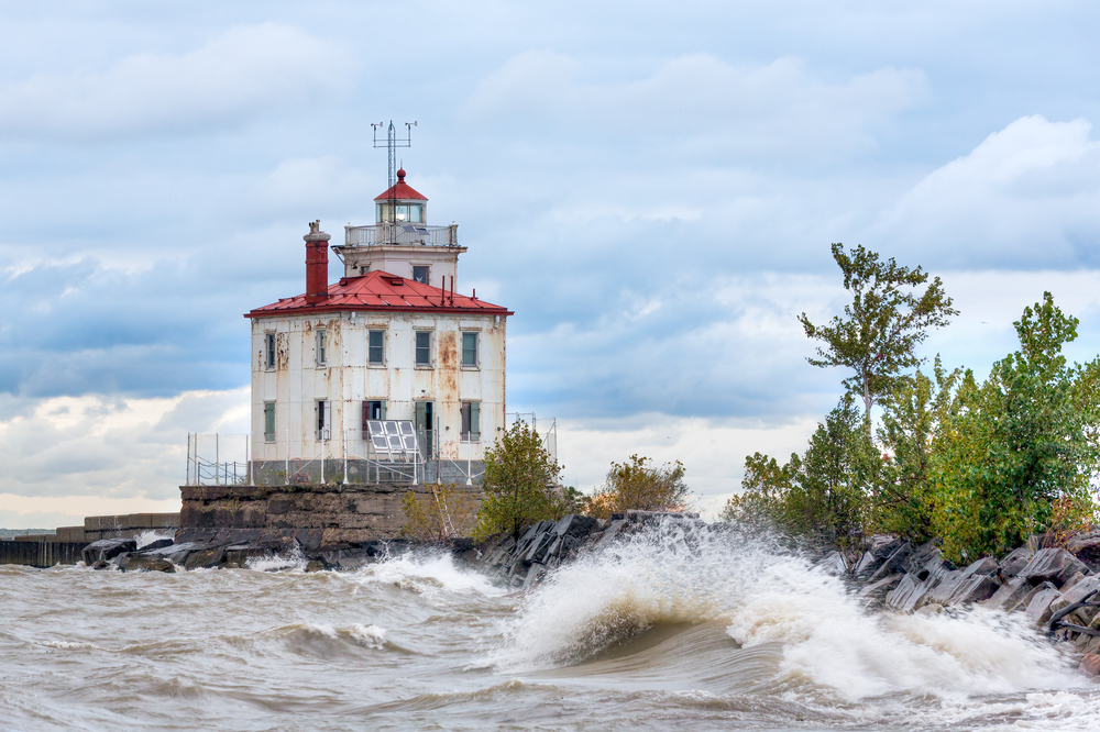 Ohio's Fairport Harbor Lighthouse shines its light on a blustery morning along the Lake Erie coast