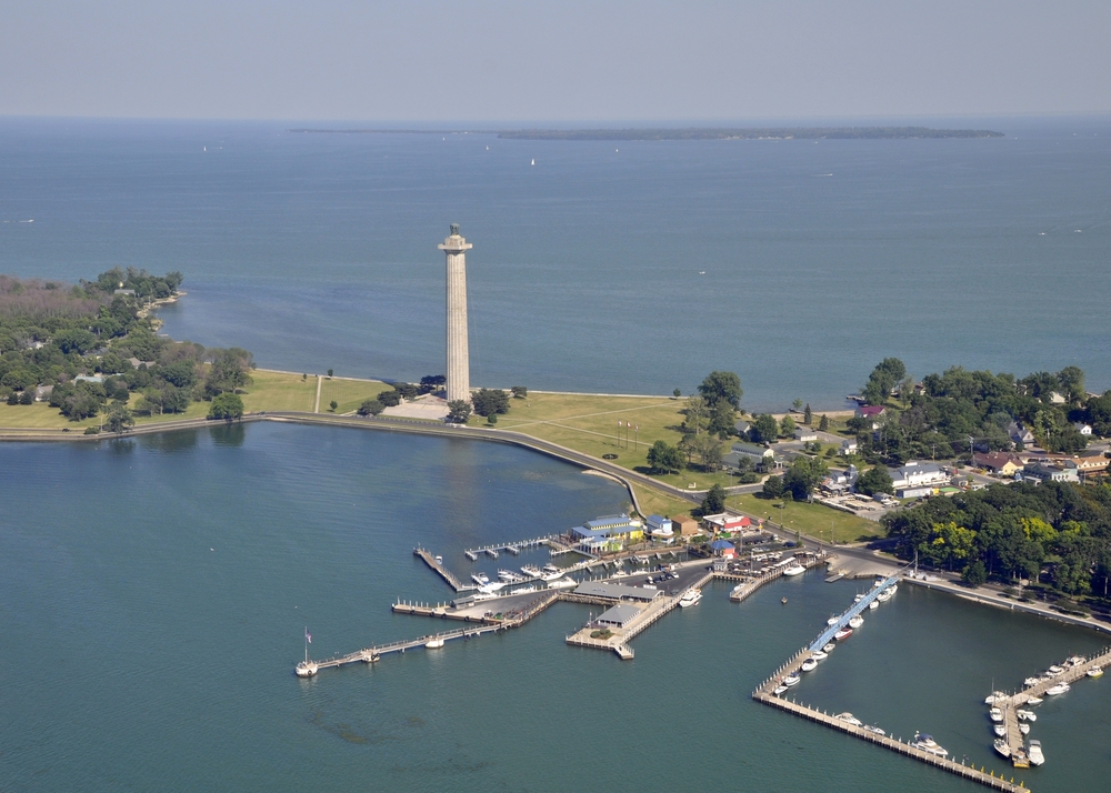 aerial view of Put in Bay's marina and Perry's Victory & International Peace Memorial, Kelley's Island in the far background. 