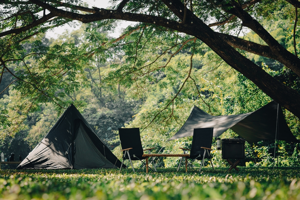 A primitive camping set up surrounded by trees. It's a great place for camping in Illinois.
