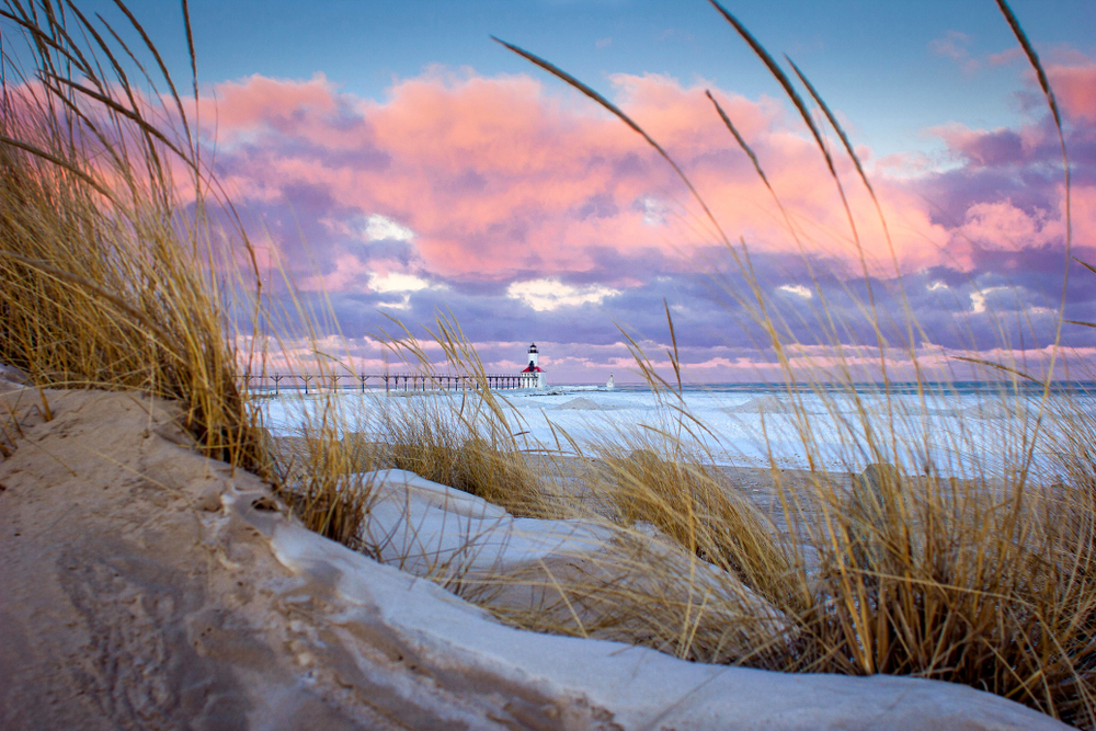 Views of the Michigan City Lighthouse from Washington Park, Michigan City Indiana. Waskington Park Beach is one of the things to do in Michigan City