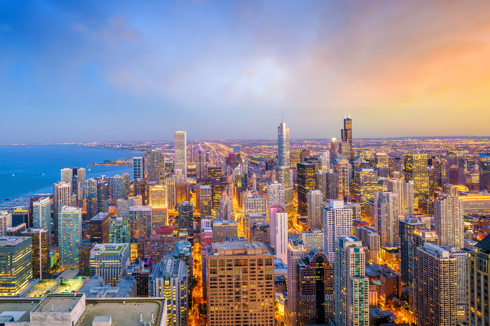 Sunset view of the city of Chicago from the sky.