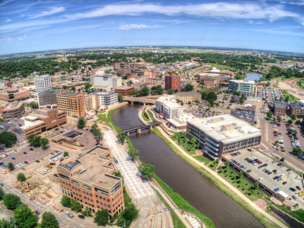 Aerial view of downtown Sioux Falls and the river.