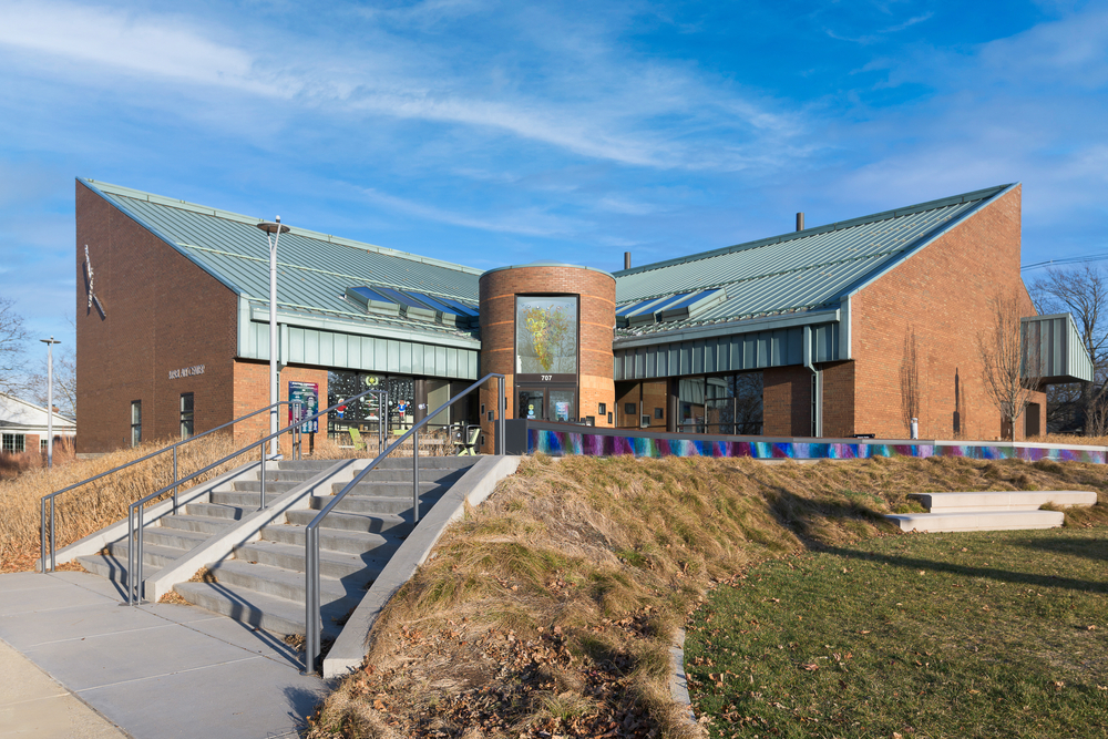 Exterior of the brick Krasl Art Center with stairs leading to the entrance.