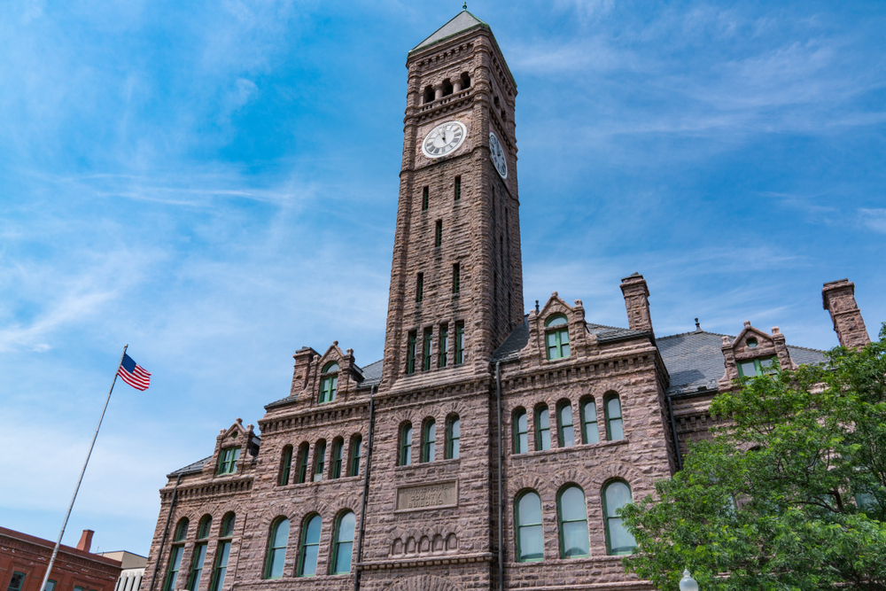 Looking up at the Old Courthouse Museum clock tower.