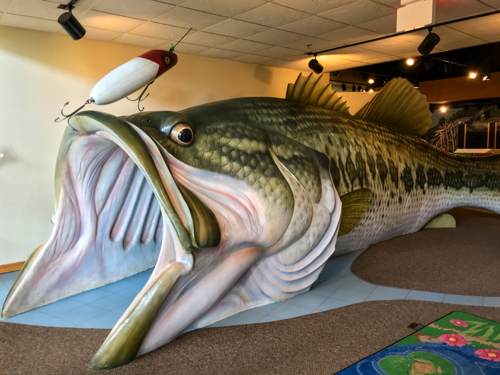 A giant bass on a hook sculpture inside the Outdoor Campus in Sioux Falls, SD.