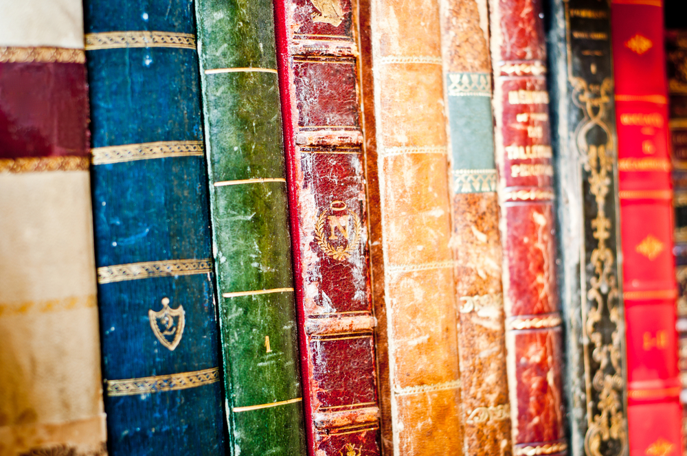 A close up of the spines of antique books of various different colors.