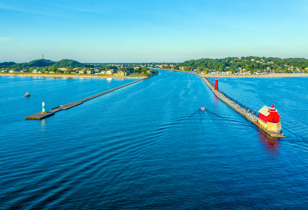 Aerial view of the Grand Haven North and South Pierhead Lighthouses; Grand Haven