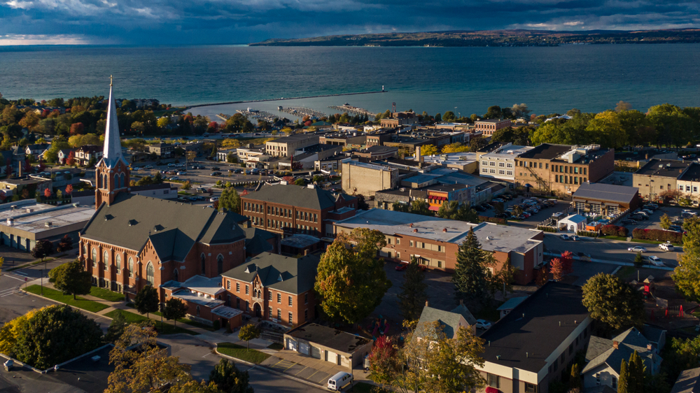 Aerial view of Petoskey and Saint Francis Church and the water in the background. One of the beach towns in Michigan 