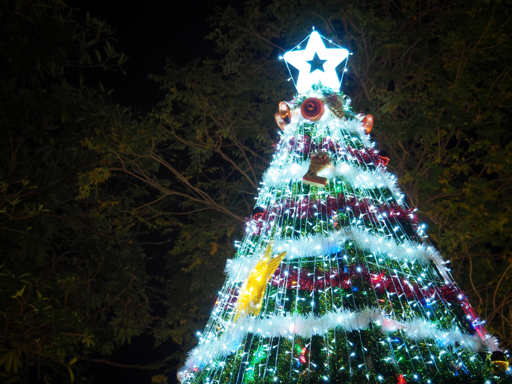 A large Christmas tree covered in lights during Christmas in Branson