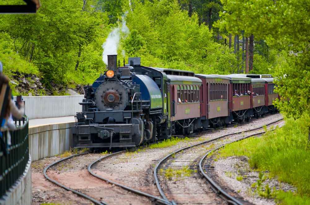 Steam train coming into the platform at the Black Hills Central Railroad. One of the things to do in Custer sd  