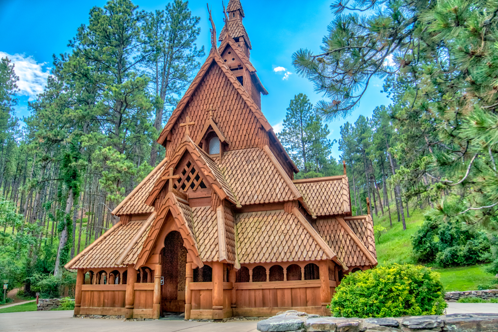 Chapel in the Hills in Rapid City. A beautiful wooden carved chapel among greenary. 