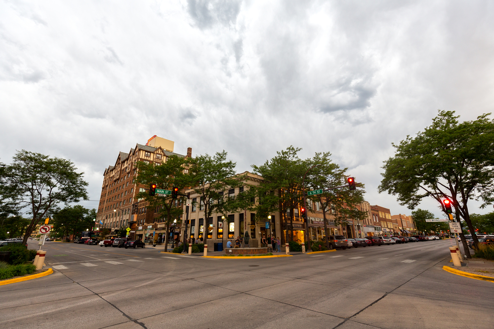  Downtown Rapid City, South Dakota as seen on a summer afternoon with an approaching thunderstorm.