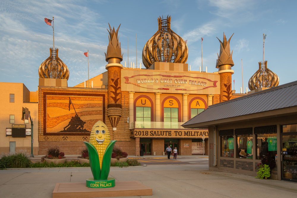 The Corn Palace in Mitchell South Dakota, USA. Every year a new mural of a different theme is constructed of corn and other grains.