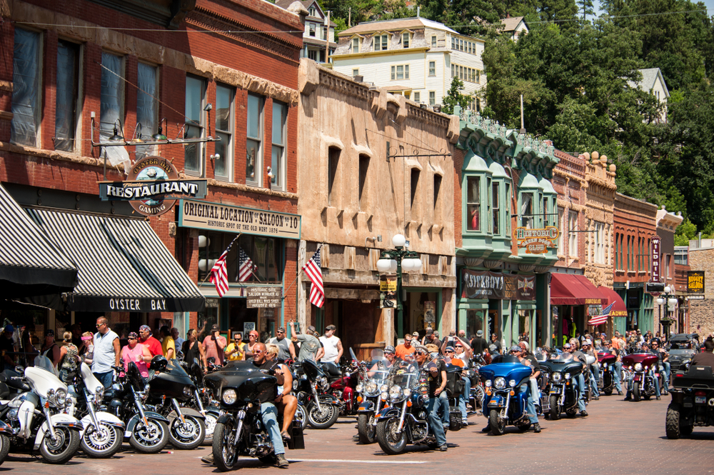  Sturgis town during the annual rally for bikers. Bikers line the street in this historic town in South Dakota 