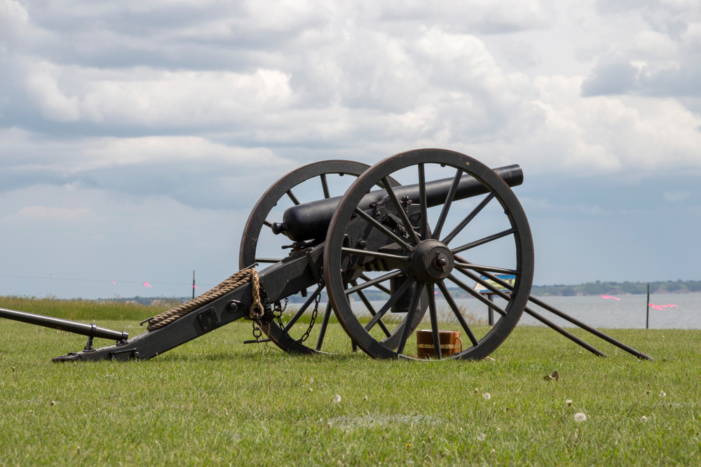 A historic cannon replica at Fort Stevenson.