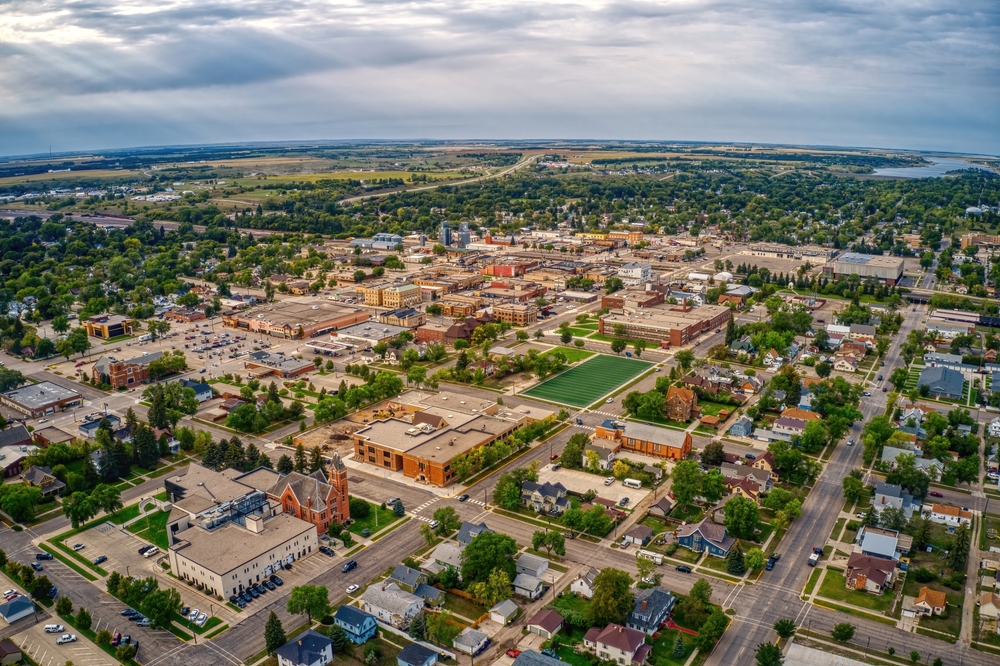 Aerial view of Jamestown, one of the best small towns in North Dakota.