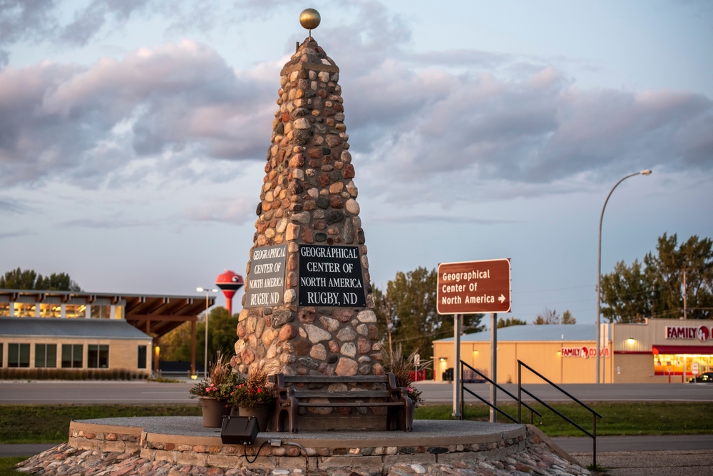 The stone pillar marking the Geographical Center of North America.