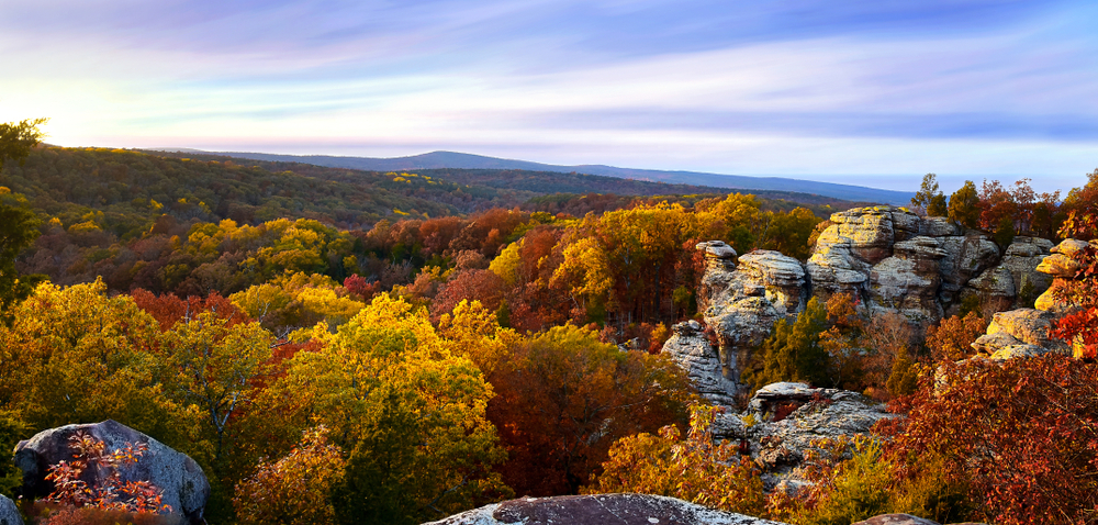 Sunset fall view from the Garden of the Gods in Shawnee National Forest, one of the best places for fall in Illinois.