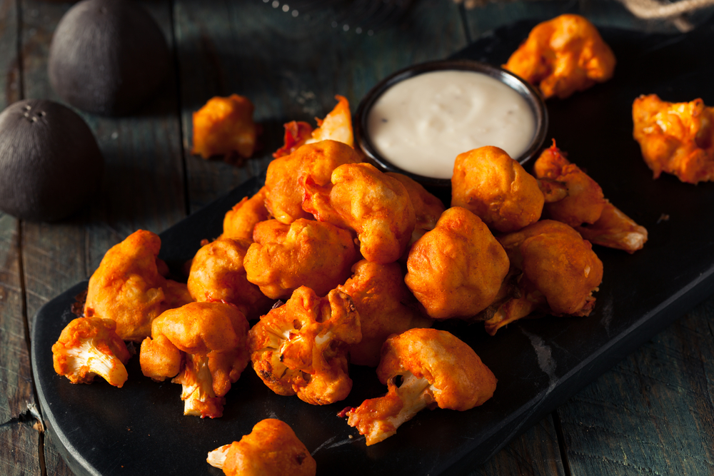 Spicy Breaded Buffalo Chicken Cauliflower with Blue Cheese Sauce