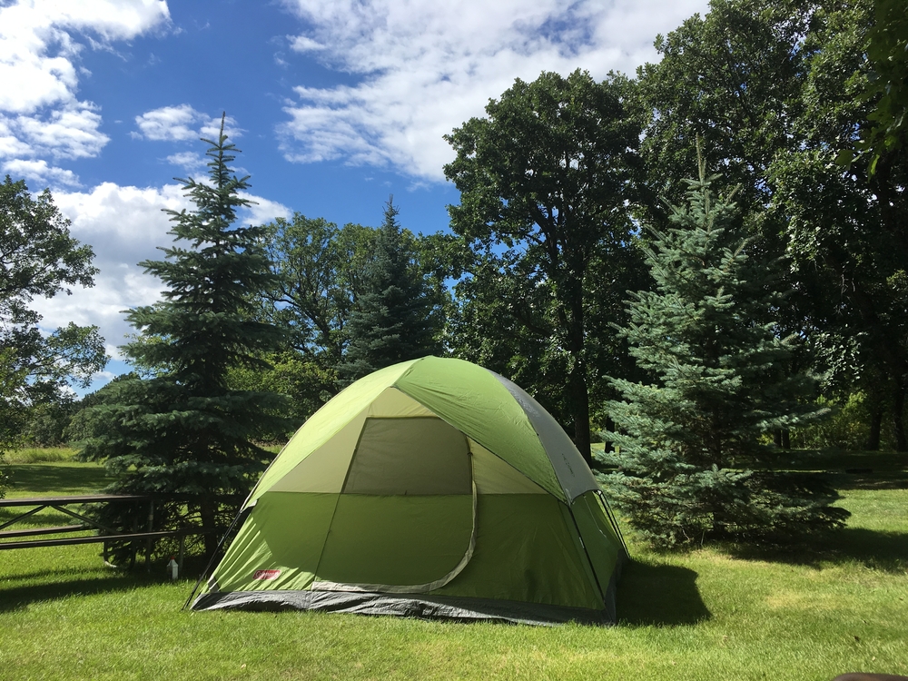 Green tent in a clearing surround by trees. There is a picnic bench next to the tent 