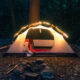 Illuminated tent at night. camping in north dakota