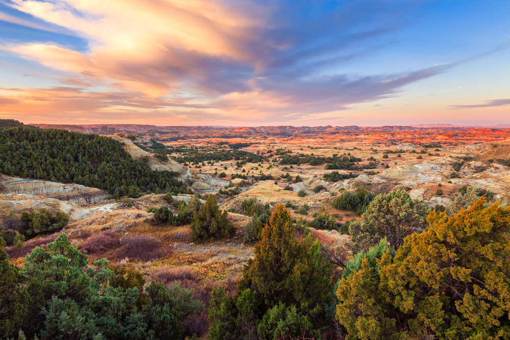 Sunrise over Theodore Roosevelt National Park, North Dakota showing cliffs and shrubbs 