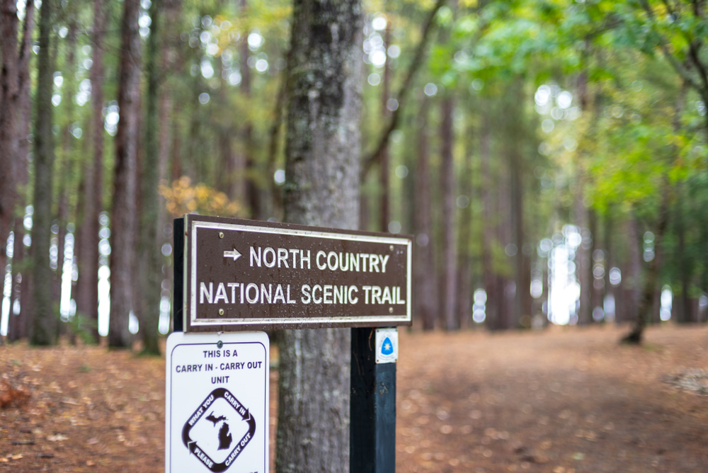 North Country National Scenic Trail sign in the woods. This is one of the places to go hiking in North Dakota
