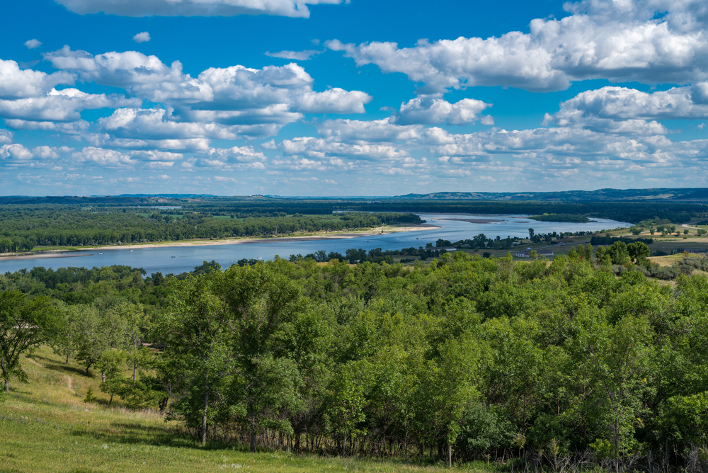 View of Missouri River Valley from Fort Ransom. The river can be seen winding through the tree lined shoreline