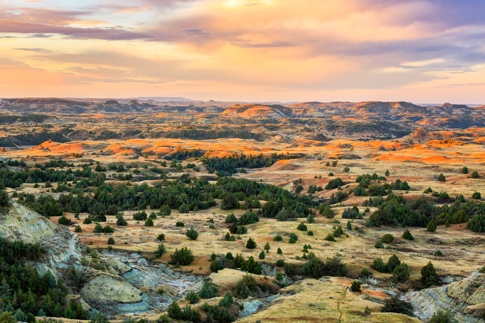 Sunrise over Theodore Roosevelt National Park, North Dakota. You can see brown mountaines in the distance with trees dotted around. 