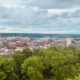 view of a city with red houses and buildings, a bridge, and green trees things to do in dubuque