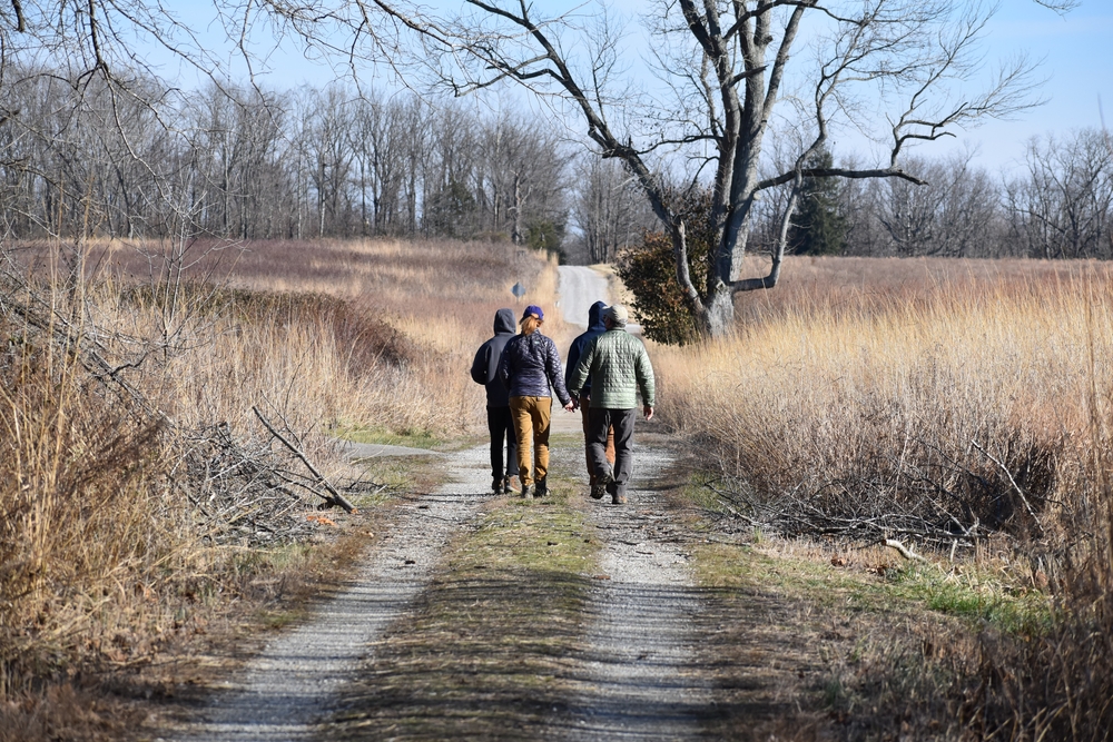 A group of people walking on a trail