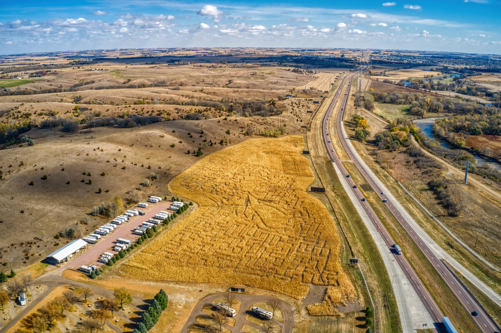 Aerial view of the corn maze at Jellystone Park during fall in South Dakota.