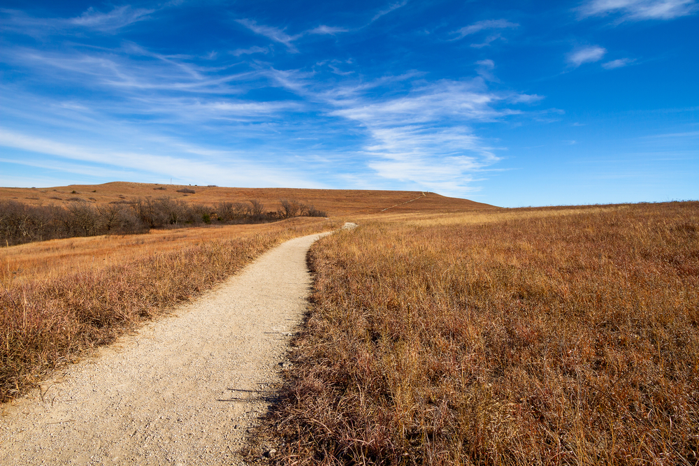 A gravel trail going through a prairie.