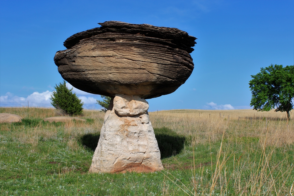 One of the unique mushroom rocks made of different sediments standing alone in a field.