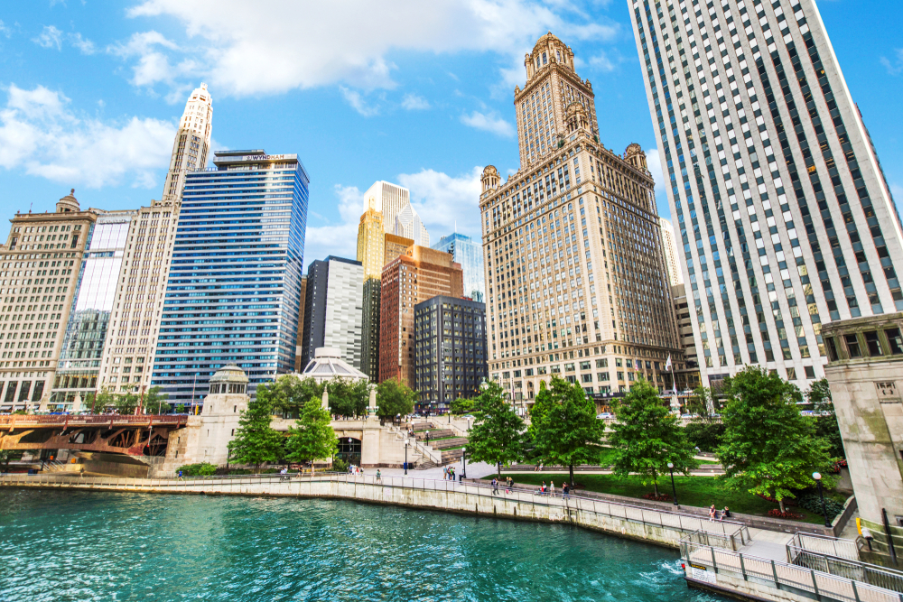 View across the river to the River North skyscrapers.